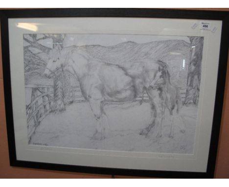 After Gil Gregory, 'Shire Horse and Foal', limited edition monochrome print, signed in pencil by the artist.  Framed and glaz