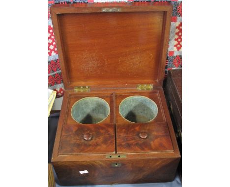 Mahogany square section tea caddy revealing two lidded tea canisters.