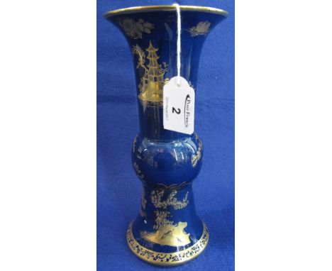 Carlton ware china Chinese style, baluster cylinder vase with over-gilded chinoiserie decoration of a dark blue ground.  Prin