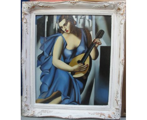 After Tamara de Lempicka, portrait of a female mandolin player, oils on board.  Framed.   CONDITION REPORT:  In good conditio