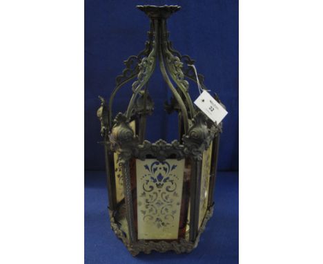 Early 20th Century oxidised metal hall lantern with etched glass panels, originally fitted for gas.     CONDITION REPORT:  Tw