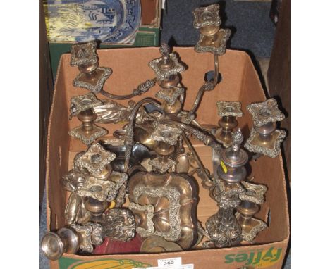 Box of assorted metalware to include: large silver plated table candelabrum; white metal repousse box and cover; silver plate