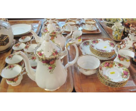 Two trays of Royal Albert 'Old Country Roses' fine bone china teaware items comprising: teacups and saucers; coffee pot and t