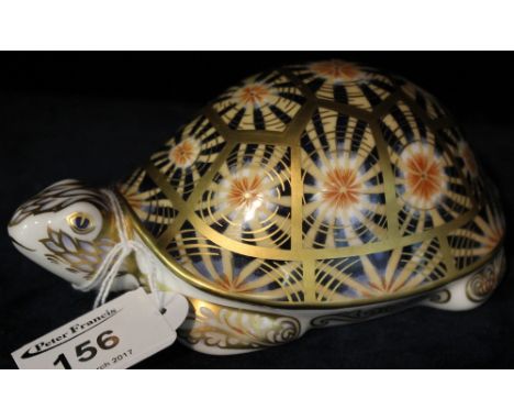 Royal Crown Derby bone china animal paperweight: Indian style tortoise with gold button stopper.