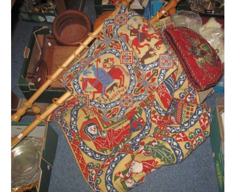 Two modern figural wall hangings together with a beaded cushion; gilt bracket with shield shaped, beaded banner etc.