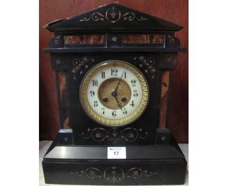 Late 19th/early 20th Century black slate architectural two train mantel clock with gilded and marble banded decoration.  Fren