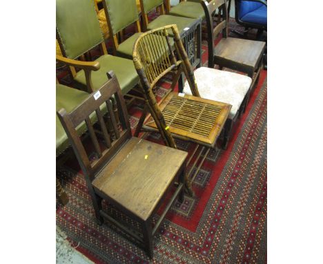 Four various chairs to include 19th Century stick and bar back farmhouse chairs, bamboo folding chair and another Edwardian b