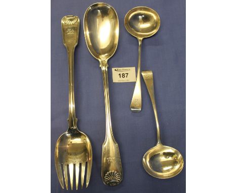 Large pair of silver shell design serving spoon and fork, London hallmarks, together with pair of silver ladles, all with eng