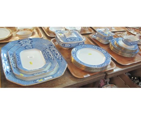 Blue and white Burleigh ware; Paisley dinnerware comprising set of three graduated oval meat dishes; square lidded tureen; pl