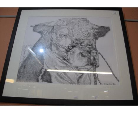 After Gil Gregory, 'Traditional Hereford Bull', limited edition monochrome print, signed in pencil by the artist.  Framed and