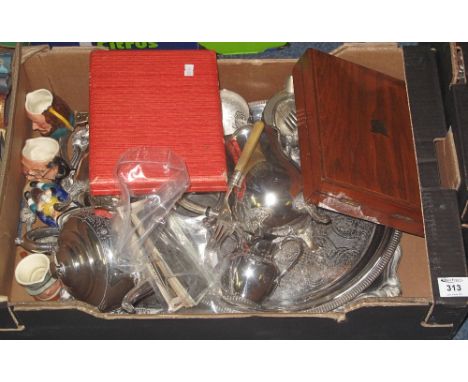 Tray of assorted metalware and other items to include: silver plated trays; cased cutlery; tea set; Lancaster character jugs;