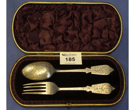 Cased two piece engraved silver Christening set comprising: knife and fork, with initials, Birmingham hallmarks.