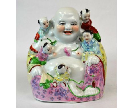 Chinese Famille Rose Happy Buddha w. Five Children Early 20th C. Chinese Famille Rose happy buddha  statue with five children