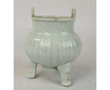 Chinese Qingbai Glazed Tripod Incense Burner Chinese Qingbai Glazed three-footed, two-handled  incense burner with floral des