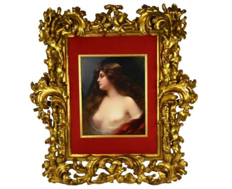 Important  KPM Gilt Wood Framed Porcelain Plaque Important KPM porcelain plaque by R. Dietrich of  woman with long, flowing b