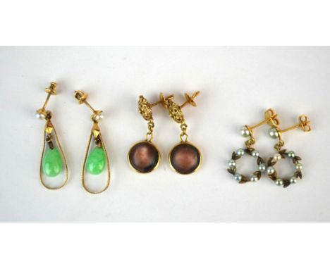 Three Pairs Earrings Including Pearl & Jadeite Three pairs of vintage earrings including a pair  with jadeite droplets, and a