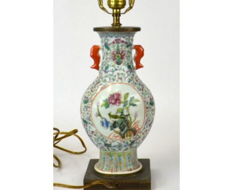 Chinese Porcelain Famille Rose Vase Lamp Base Chinese porcelain Famille Rose vase, fitted as a  lamp base, painted with flowe