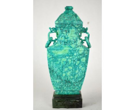 Chinese Carved Turquoise Covered Vase Chinese carved turquoise vase with cover and a  spinach jade stand. vase" 7" x3 1/8" w.
