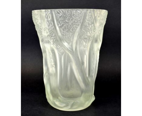 Lalique French Art Glass Vase Lalique art glass flaring vase decorated with  trees in high relief. Molded R. LALIQUE FRANCE. 