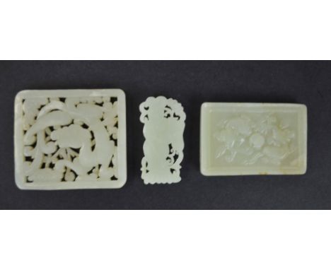 Three Chinese Carved  Jade Plaque Chinese carved rectangle jade plaque with pair  chilong playing ball. 3" x 2 1/16" x1/4" ,C