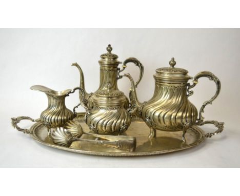 800 Silver Six Piece Tea Set 800 Silver tea set comprised of a teapot, coffee  pot, creamer, sugar bowl with lid, tongs, and 