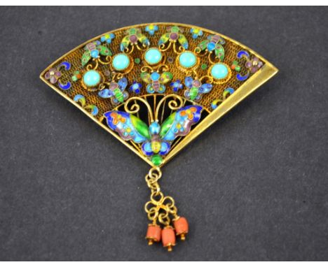 Chinese Enameled Metal Fan-Shaped Pin Chinese enamaled metal fan-shaped pin with small  turquoise cabochons, decorated with s