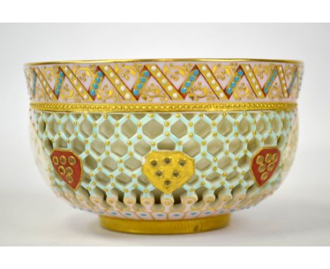 Royal Worcester Reticulated Double Wall Bowl Royal Worcester bowl with reticulated walls,  accented in gold and colorful sque