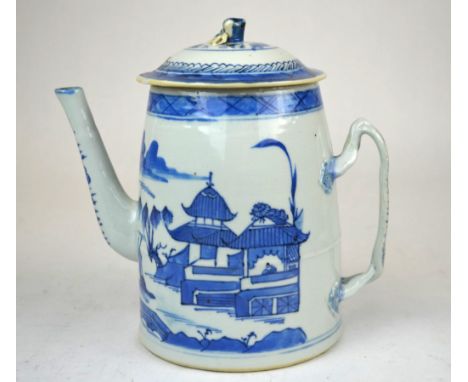 Chinese Export Blue & White Porcelain Teapot Chinese blue and white export porcelain teapot  painted with a village along the