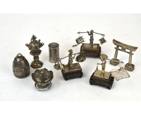 Group of Eight Miniature Chinese Silver Objects Grouping of eight miniature Chinese silver objects  including three shakers, 