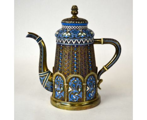 Russian Enameled Silver Teapot Fine Russian enameled silver teapot with blue  floral and scrolled design, the lid with red an