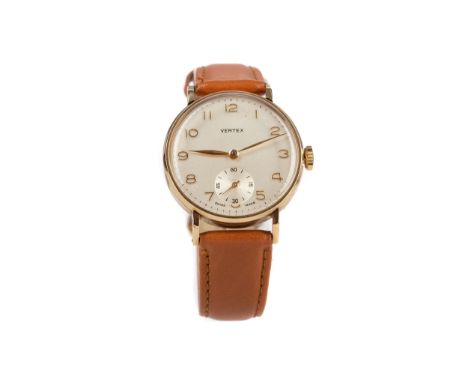 VERTEX NINE CARAT GOLD MANUAL WIND WRIST WATCH, the round cream dial with applied Arabic hour markers, outer seconds track in