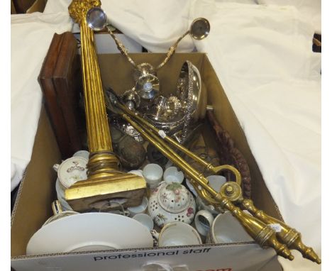 A box containing a set of three brass fire tools, a wooden gilt table lamp in the form of a Corinthian column, a 19th Century