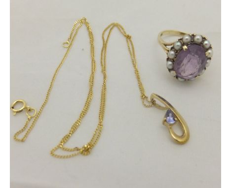 An amethyst and seed pearl set 9 carat gold dress ring and a 9 carat gold and tanzanite pendant and chain