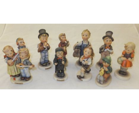 A collection of ten Goebel Hummel figures to include : "The Serenade", "Happy Days", "Chimney Sweep", "Happiness", "Little He