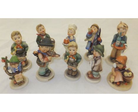 A collection of ten Goebel Hummel figures to include : "Village Boy", "Appletree Boy", "Here Ye Here Ye", "Baker", "Little Fi