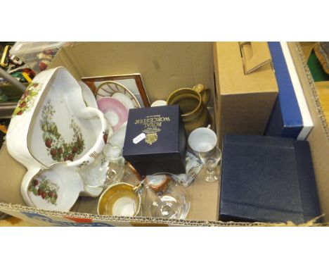 A box of miscellaneous items to include a Hammersley strawberry set, a Royal Worcester "The Millennium" mug (boxed), a small 