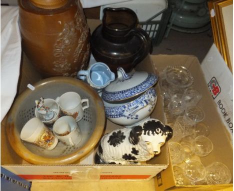 A collection of china and glassware to include a stoneware barrel, relief moulded with armorial crest and thistle, rose and s