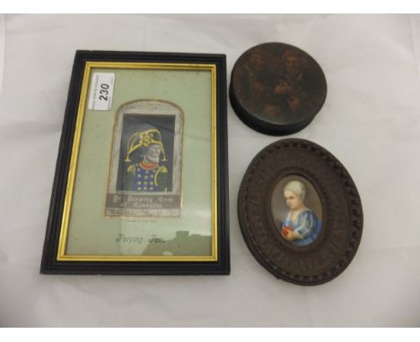 A 19th Century papier-maché snuff box, the top depicting three gentlemen with a chicken and coinage, a framed porcelain plaqu
