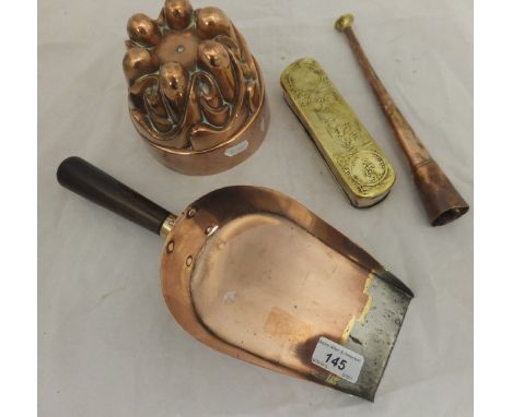 A Victorian copper jelly mould, stamped "448", an 18th Century Dutch brass and copper tobacco box, a Victorian rosewood handl