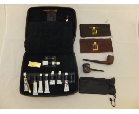 A Dunhill pipe cleaning kit, various pipes, plated butane gas lighter, etc 