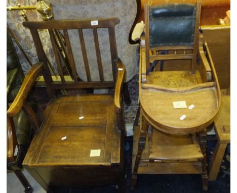 A late Victorian walnut framed metamorphic high chair, together with an elm and ash box seat commode