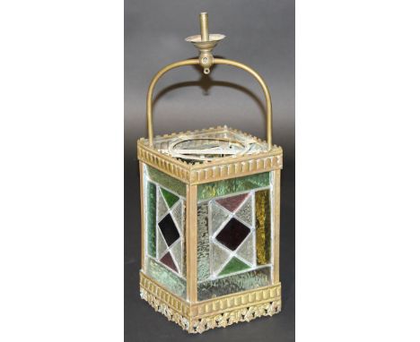 An early 20th Century leaded glass hanging lantern CONDITION REPORTS Overall with wear, scuffs and tarnish, some denting and 
