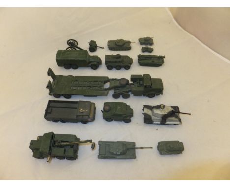 A box of assorted Dinky and Matchbox toys, to include Tank Transporter, Mighty Antar, Armoured Personnel Carrier, Field Artil