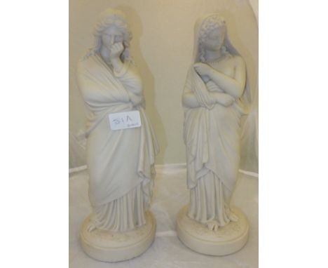 A pair of Parian ware figures by W H Goss "Tragedy" and "Comedy" CONDITION REPORTS Comedy has her mask missing, both have chi