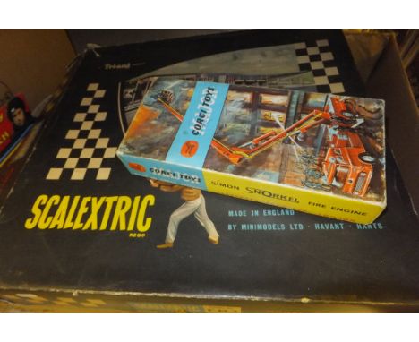 Two boxes of vintage toys and games, computer software, etc, box of various books and a Corgi Simon snorkel fire engine (boxe