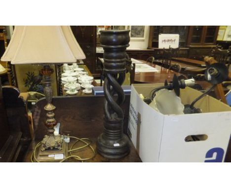 A box of various wall and ceiling lights, brass effect and glass table lamp and an open barley-twist pricket candlestick