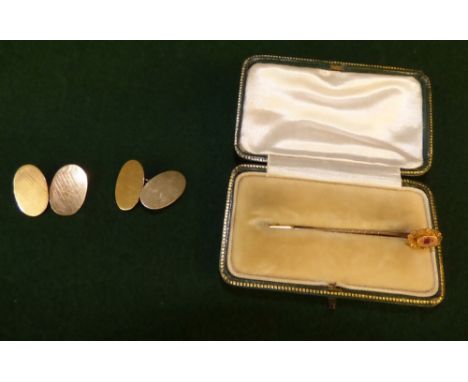 Pair of 9ct gold oval cufflinks and 9ct gold tie pin, 6.3g