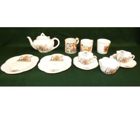 Edward VIII Coronation mug, designed by Laura Knight, a Shelley King George V 8 piece commemorative tea set, and two further 