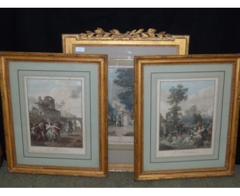 After Taunay, Le Tambourines, and La Rixe, Pair of colour aquatints and a further French print