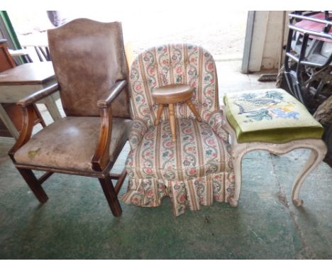 Victorian walnut button back salon chair another similar with later legs to the front and a white painted stool with cabriole